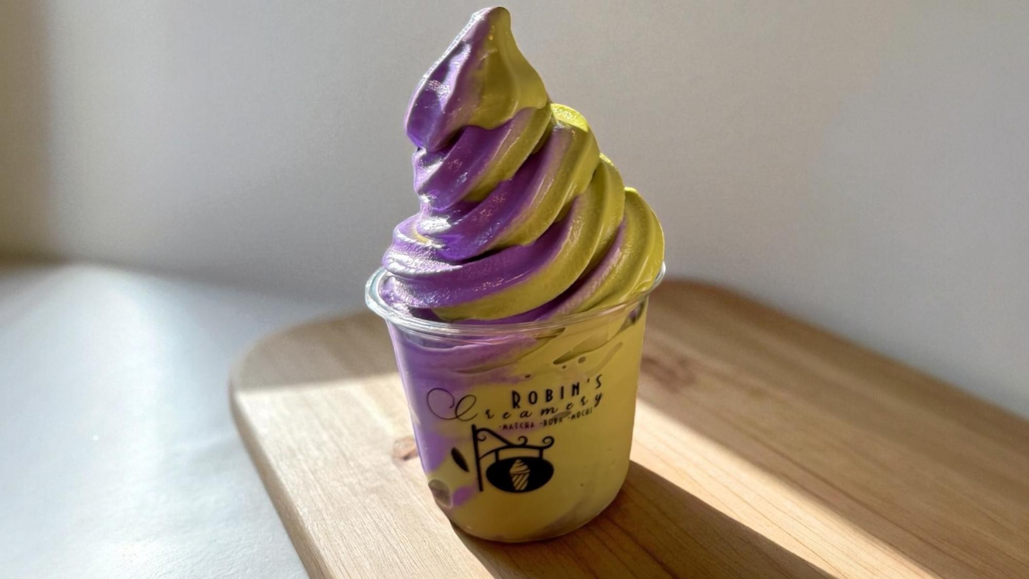 Robin’s matcha and ube soft serve in the shop